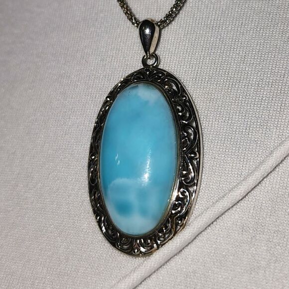 Sterling Silver Necklace With Larimar Q8" Long And Pendant Measures 1.71" - Picture 1 of 5